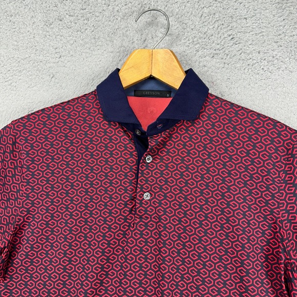 Greyson Mens Golf Polo Shirt Small Navy Red Geometric Stretch Activewear Rugby